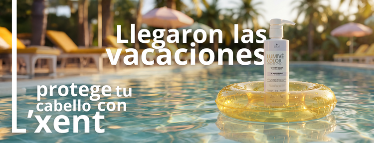 Banner L'xent Professional: 'Llegaron las vacaciones'. Protege tu cabello con LUMIVÉ COLOR Shampoo Blanco Puro en la piscina.
