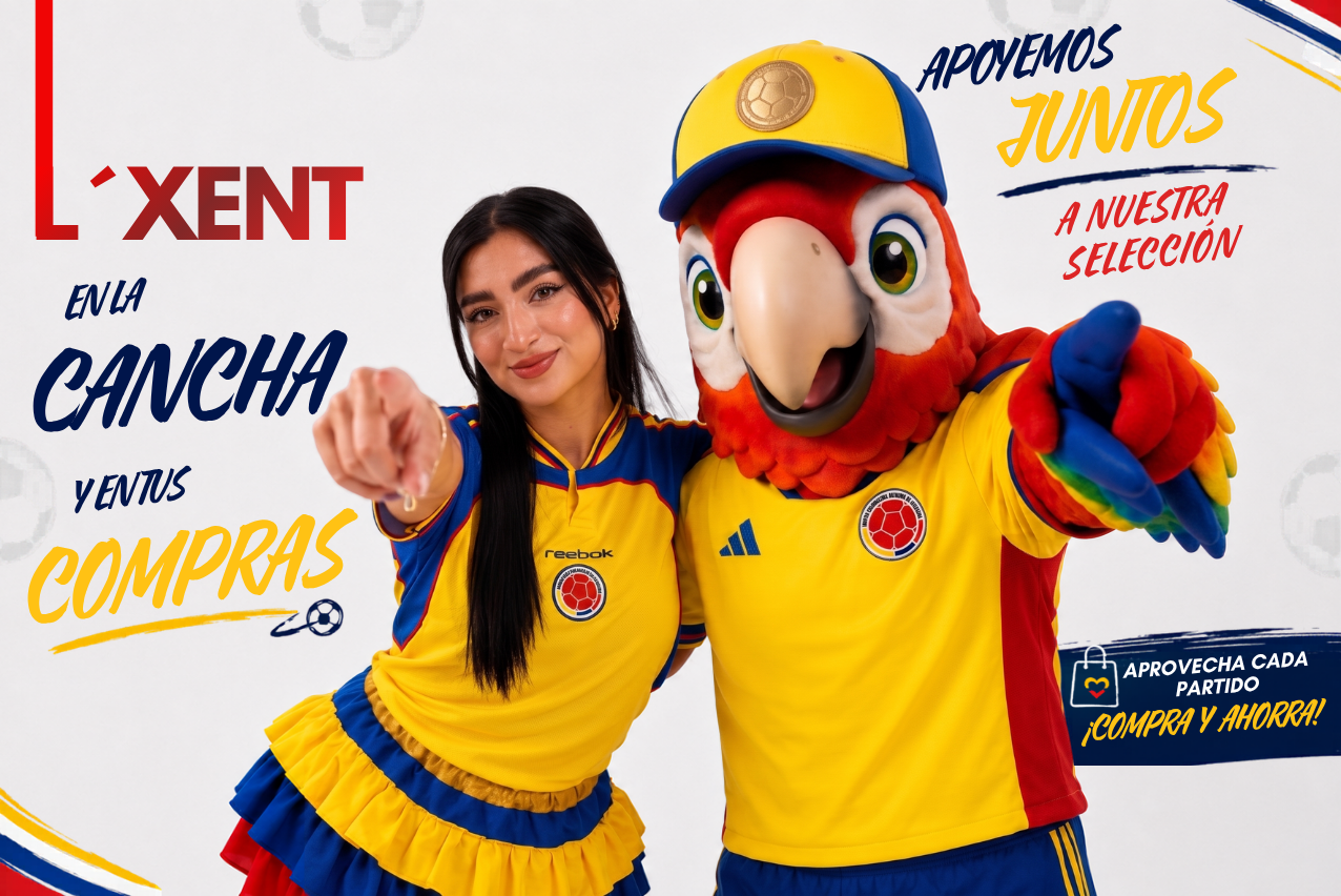 Banner promocional Luxent Professional con mujer y mascota en camiseta de Colombia. Luxent en la cancha y en tus compras.