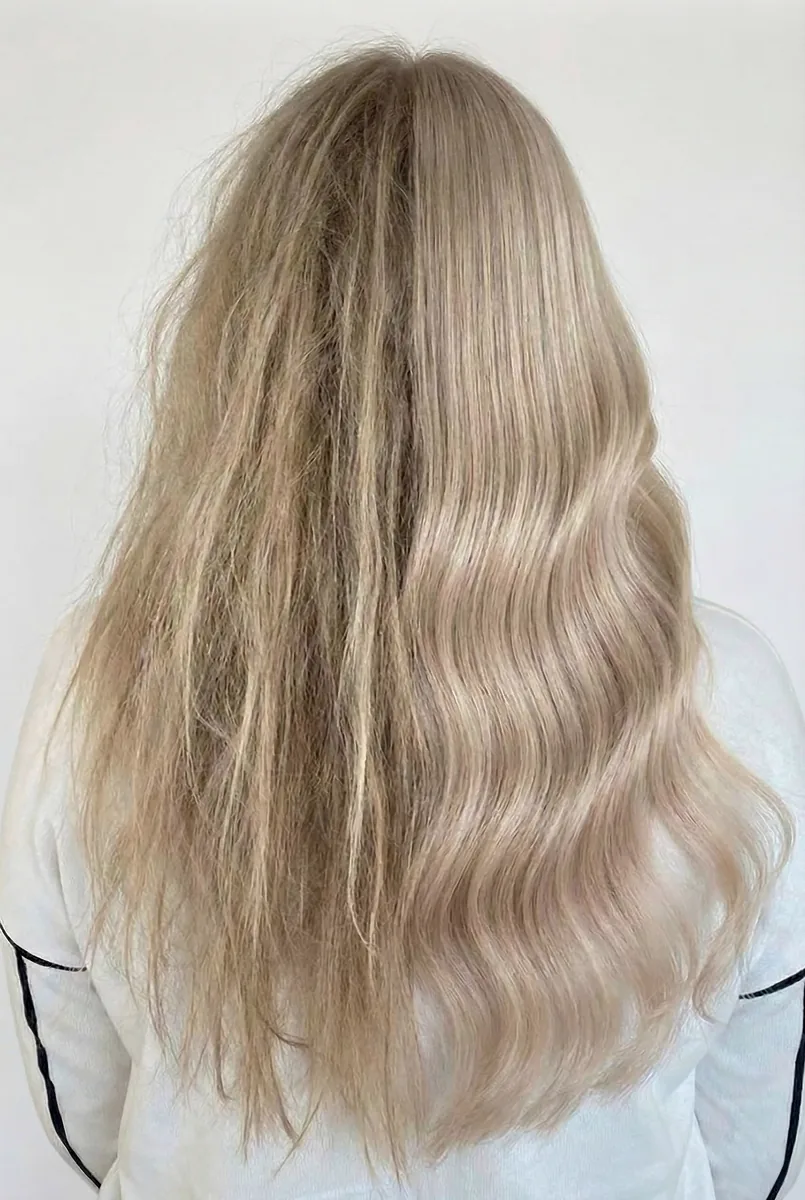 Cabello rubio antes y después del tratamiento Blondaplex: de dañado a suave y brillante | L'xent Professional