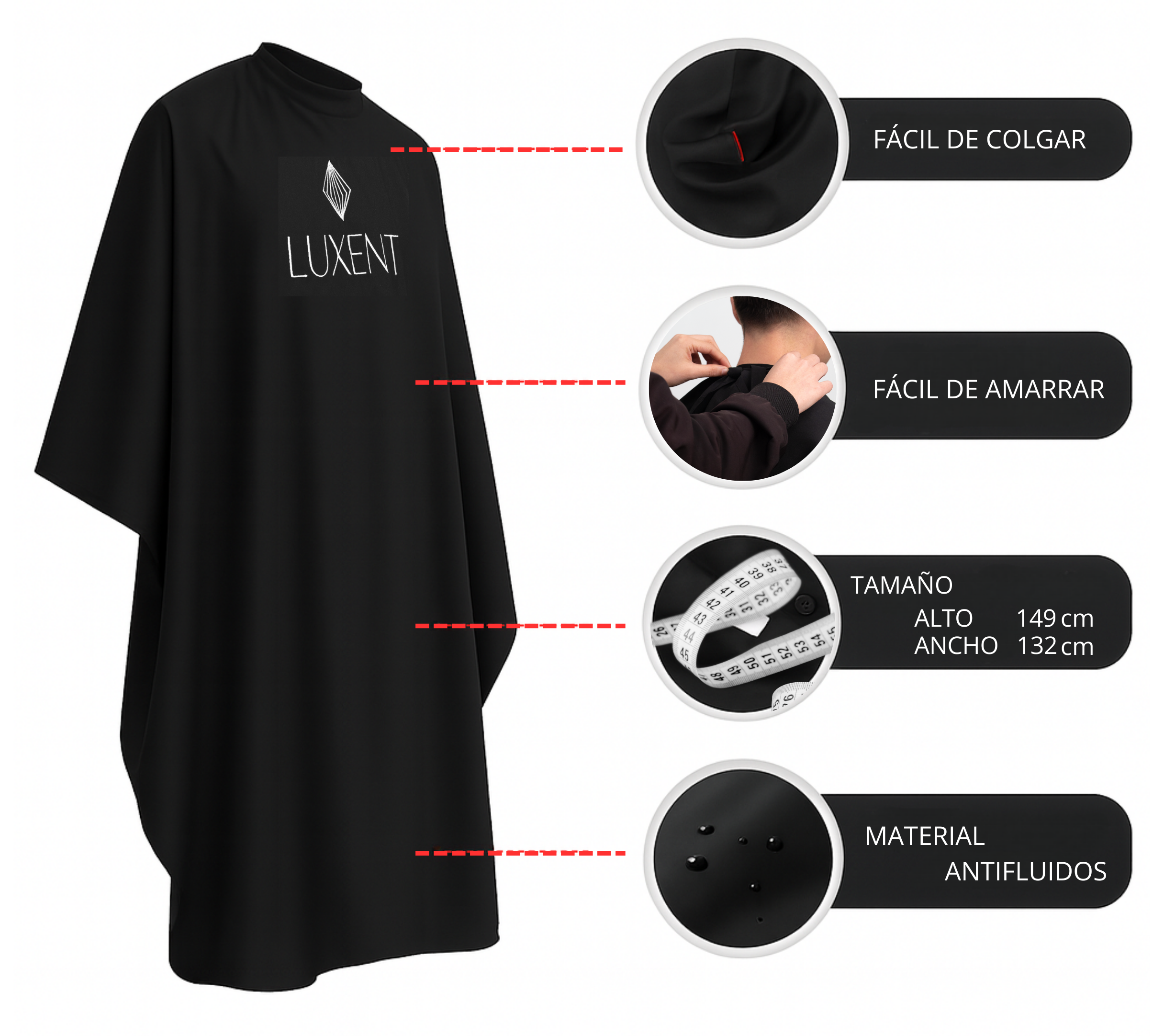 Capa de peluquería negra Luxent Professional con detalles de fácil de colgar, amarrar, tamaño - Luxent Professional