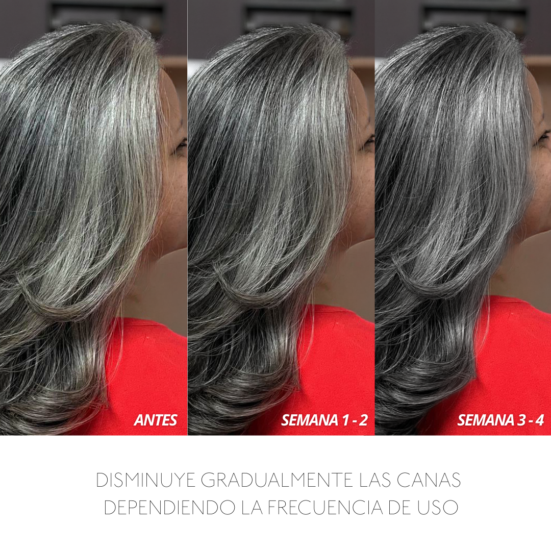 Resultados de reducción gradual de canas en cabello gris, antes y después de 3-4 semanas - Luxent Professional