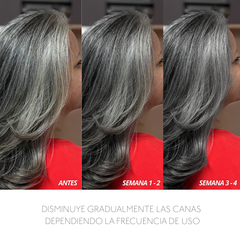 Resultados de producto para canas: antes, semana 1-2 y semana 3-4. Disminuye canas gradualmen - Luxent Professional
