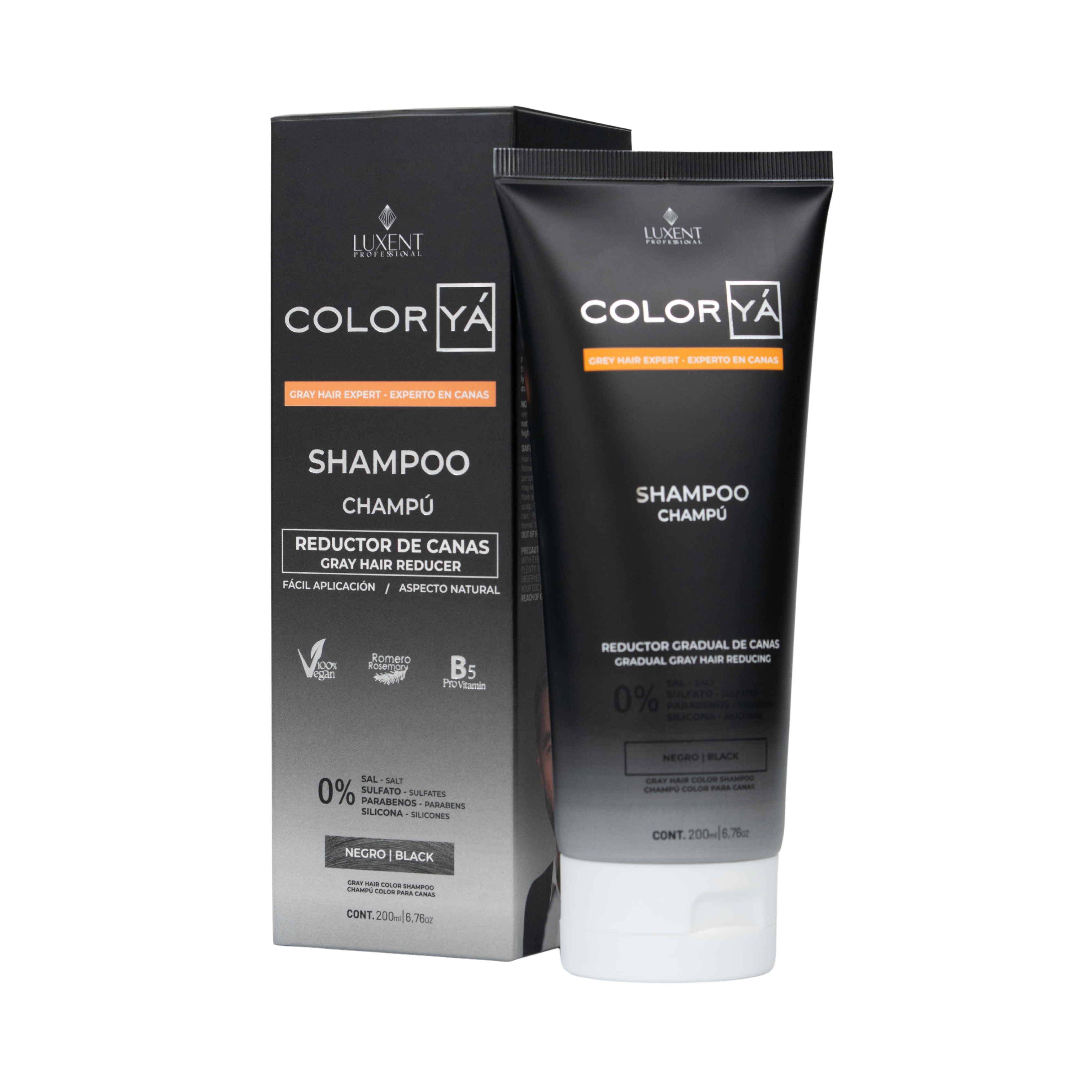 Champú reductor de canas Color Yá Negro de Luxent Professional, envase y caja. - Luxent Professional