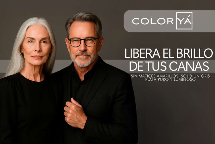 Color Yá L'xent Professional: hombre y mujer con canas, cabello gris plata sin matices amarillos.