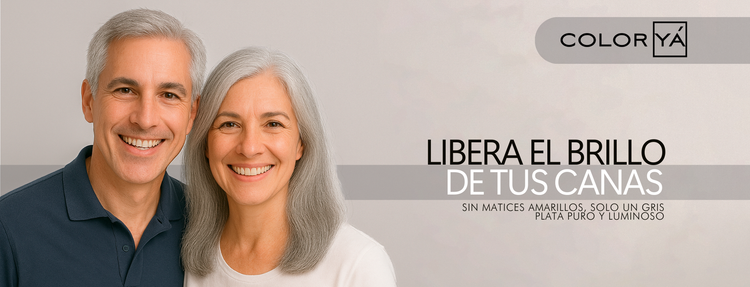 Color Yá L'xent Professional: Pareja sonriente con canas plateadas. Libera el brillo de tus canas sin matices amarillos.