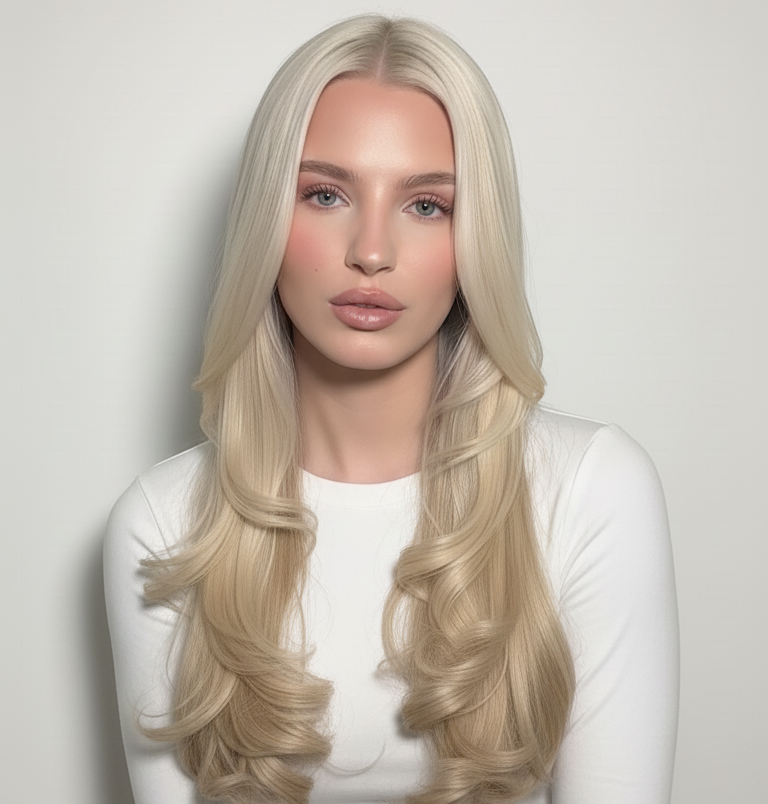 Modelo con cabello rubio platinado largo y ondulado, mostrando un resultado de color profesio - Luxent Professional