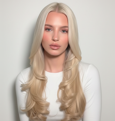 Modelo con cabello rubio platinado largo y ondulado, mostrando un resultado de color profesio - Luxent Professional