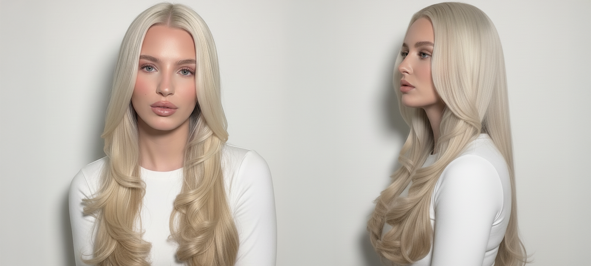 Modelo con cabello rubio platinado brillante y saludable, peinado con ondas suaves. - Luxent Professional