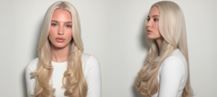 Modelo con cabello rubio platinado brillante y saludable, peinado con ondas suaves. - Luxent Professional