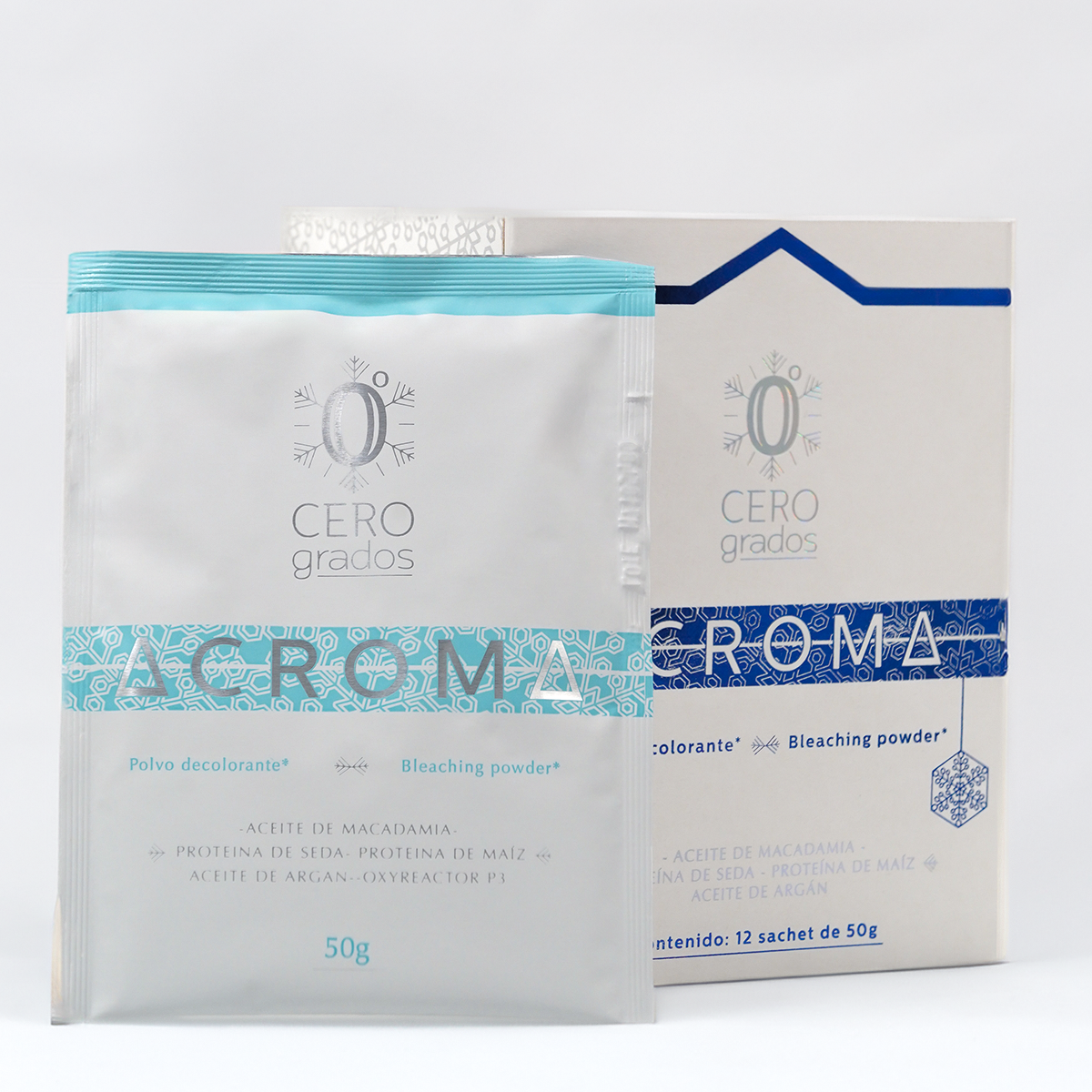Polvo decolorante Cero Grados Acroma en sachet de 50g y caja. Ideal para decoloración capilar - Luxent Professional