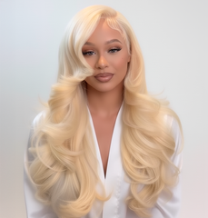 Modelo con cabello rubio platinado largo y ondulado, mostrando un resultado de color profesio - Luxent Professional