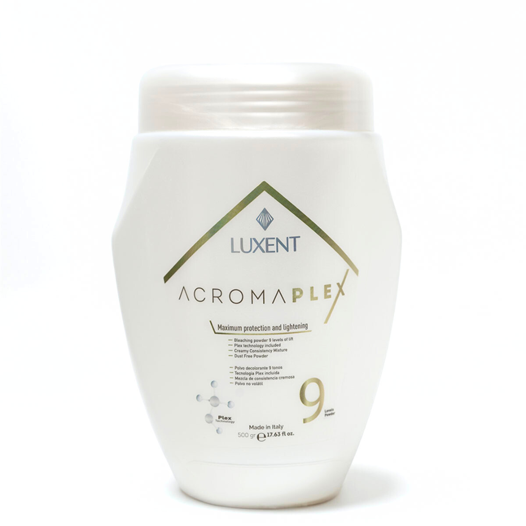 Polvo decolorante capilar Luxent Acromaplex 9 niveles de aclarado, pote blanco. - Luxent Professional