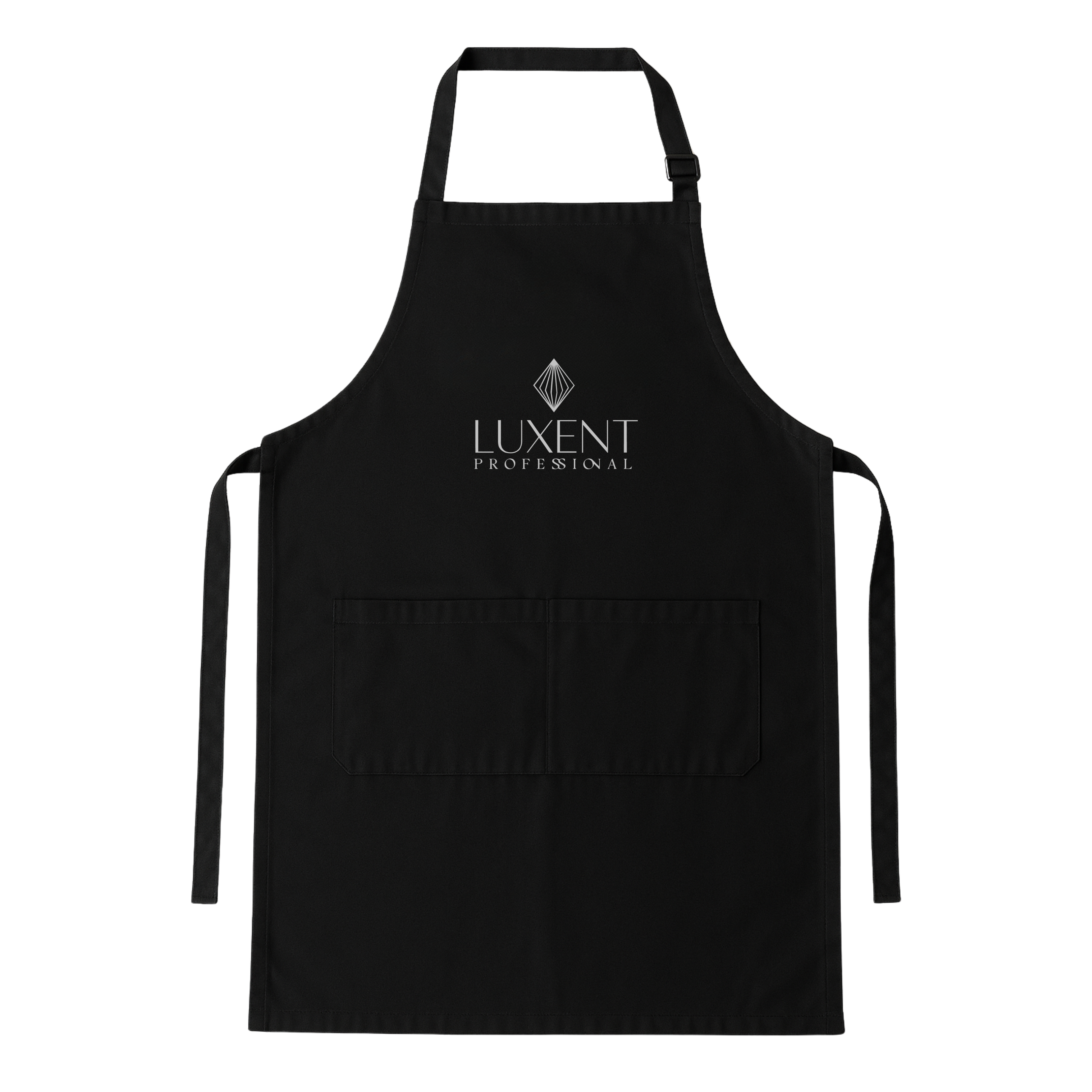 Delantal profesional negro con logo Luxent Professional blanco para estilistas y peluqueros. - Luxent Professional