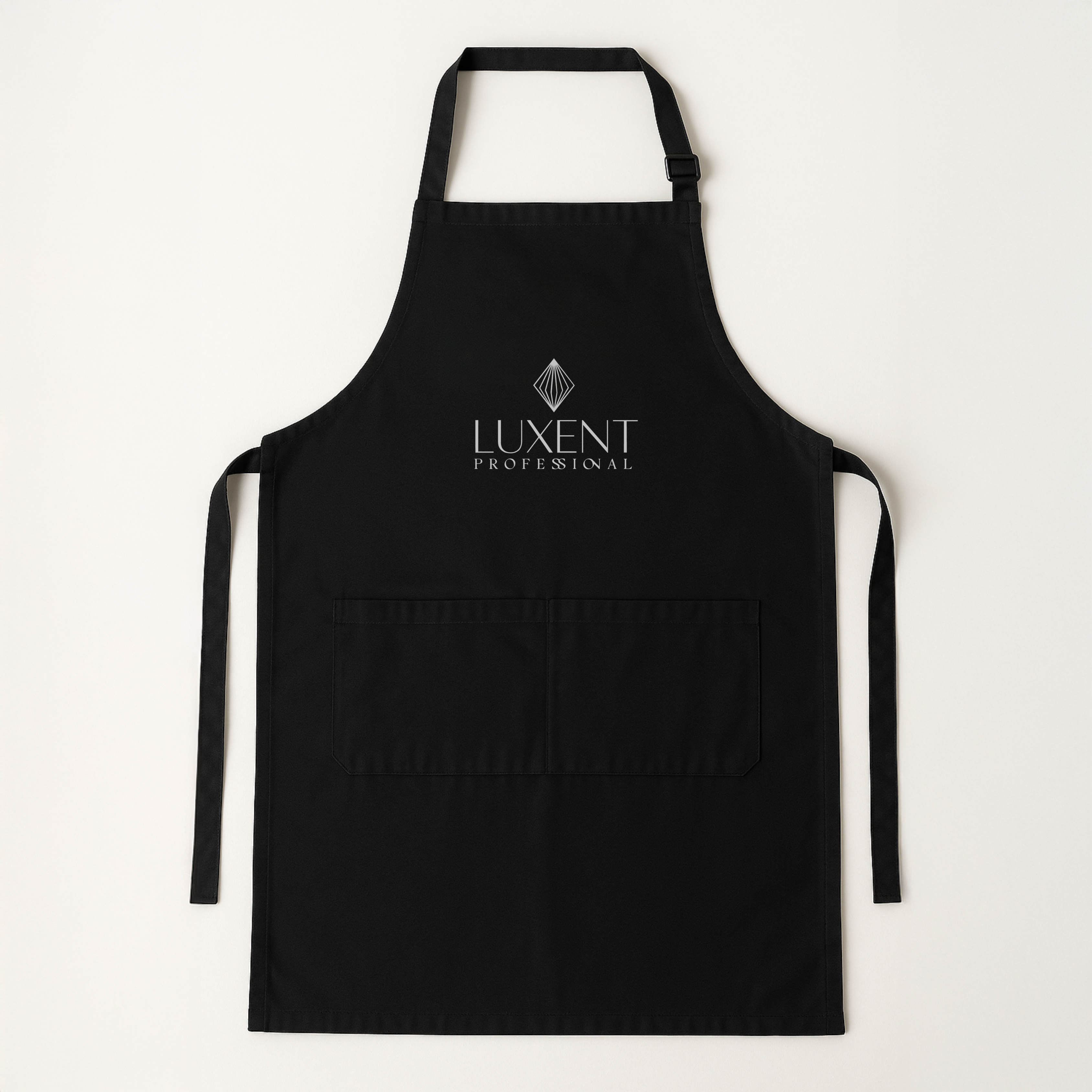 Delantal profesional negro con logo Luxent Professional blanco, ideal para estilistas y salon - Luxent Professional