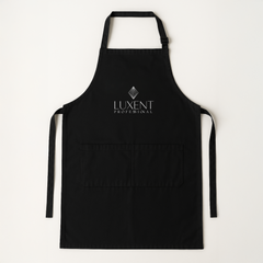 Delantal profesional negro con logo Luxent Professional blanco, ideal para estilistas y salon - Luxent Professional