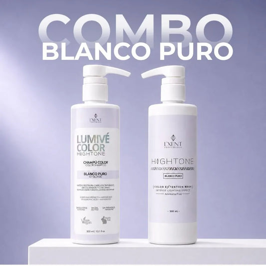 Champú Lumivé y mascarilla Hightone Blanco Puro, dúo matizador violeta para rubio platino | L'xent Professional