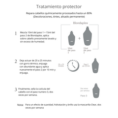 Infografía de uso del tratamiento protector Blondaplex en 3 pasos para cabello procesado - Luxent Professional
