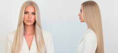Modelo con cabello rubio platino liso y brillante, vista frontal y de perfil, ideal para prod - Luxent Professional