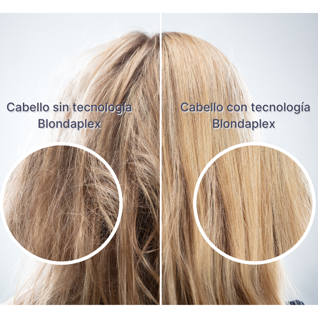 Cabello rubio antes y después de Blondaplex. Mejora de textura y brillo. - Luxent Professional