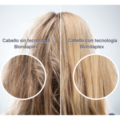 Cabello rubio antes y después de Blondaplex. Mejora de textura y brillo. - Luxent Professional