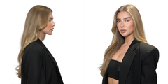 Modelo rubia con cabello largo y ondulado, mostrando un look profesional y elegante - Luxent Professional