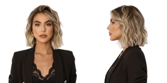 Modelo con cabello rubio ceniza ondulado corto, mostrando el estilo de frente y perfil - Luxent Professional