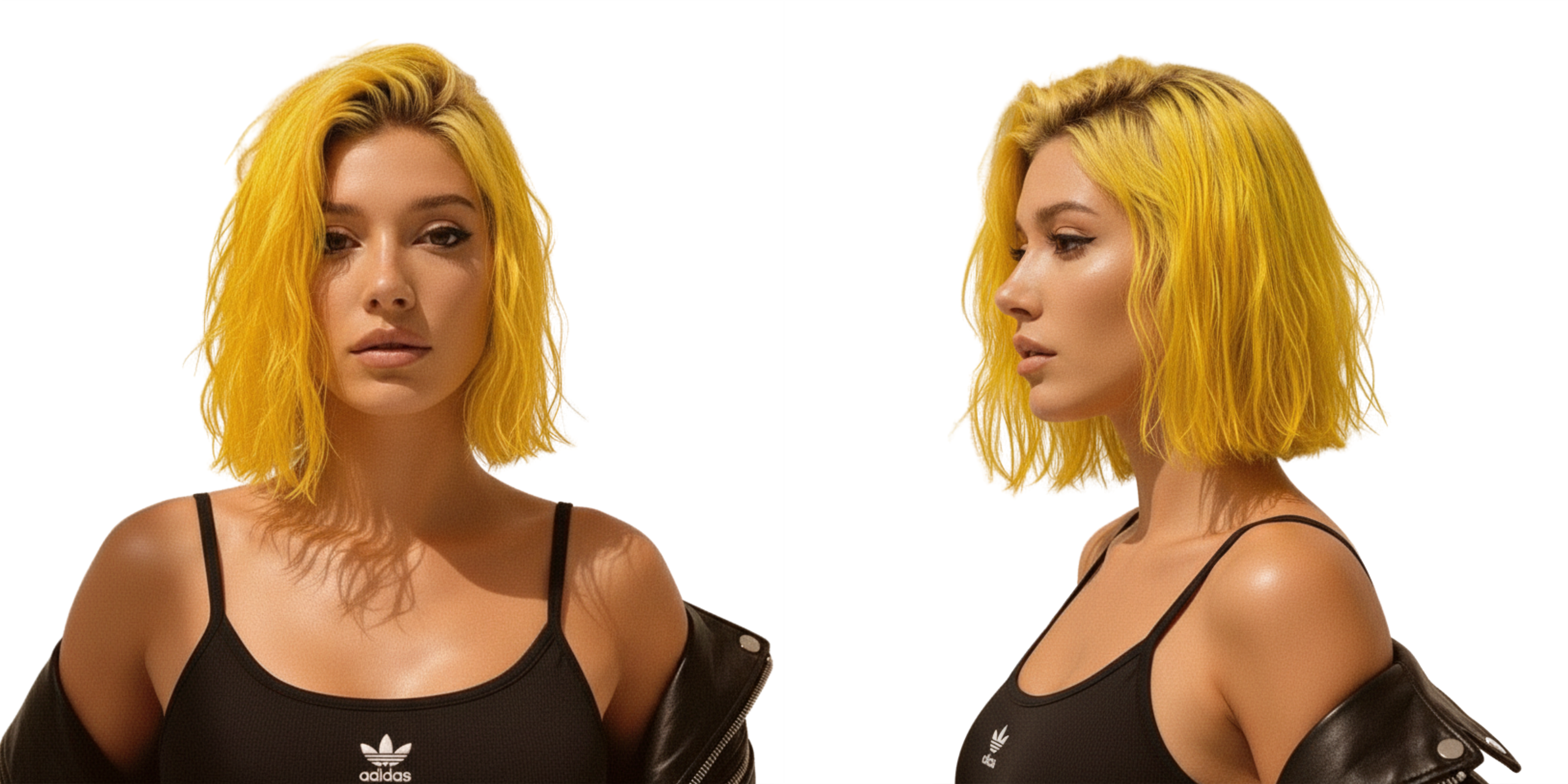 Modelo con cabello corto amarillo vibrante, mostrando el color y estilo. - Luxent Professional