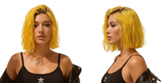 Modelo con cabello corto amarillo vibrante, mostrando el color y estilo. - Luxent Professional