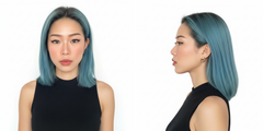Modelo con cabello corto azul turquesa, vista frontal y de perfil. Tinte de cabello profesion - Luxent Professional