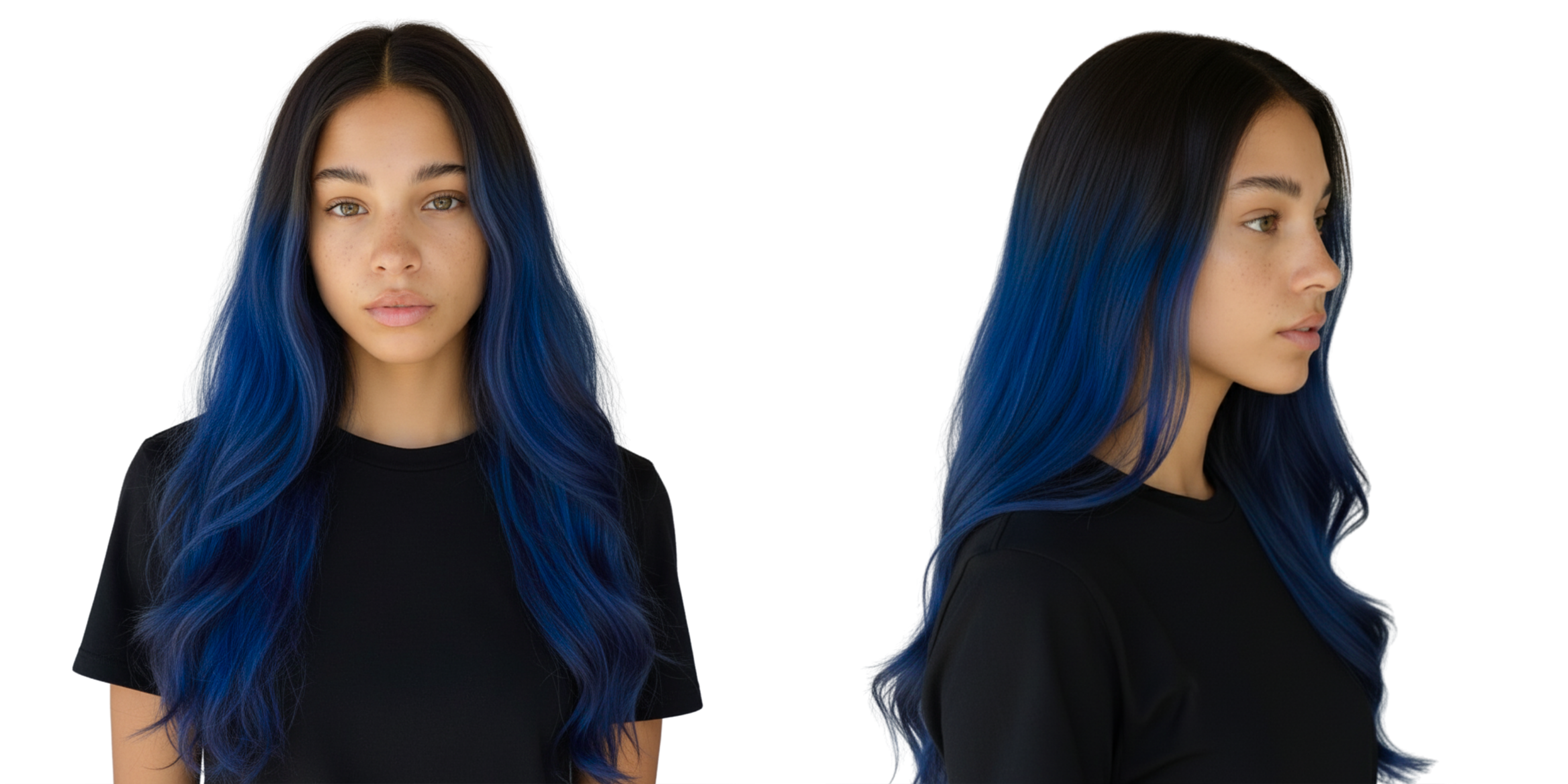 Modelo con cabello negro y puntas azules vibrantes, mostrando el color intenso - Luxent Professional