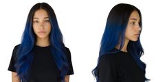 Modelo con cabello negro y puntas azules vibrantes, mostrando el color intenso - Luxent Professional