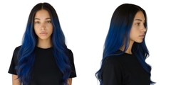 Modelo con cabello negro y puntas azules vibrantes, mostrando el color intenso | L'xent Professional