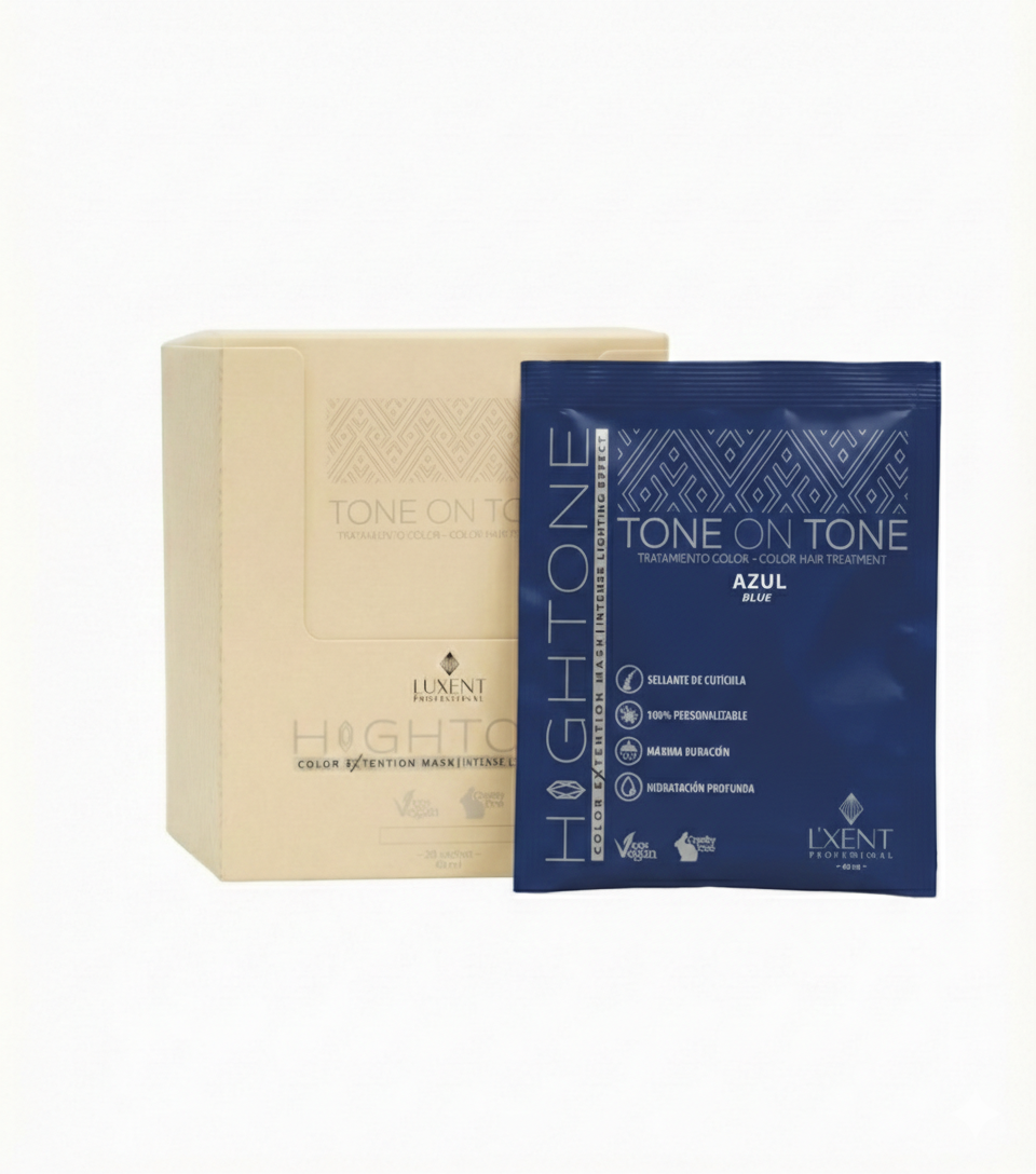 Caja y sachet azul de tratamiento capilar Tone on Tone para color de cabello - Luxent Professional