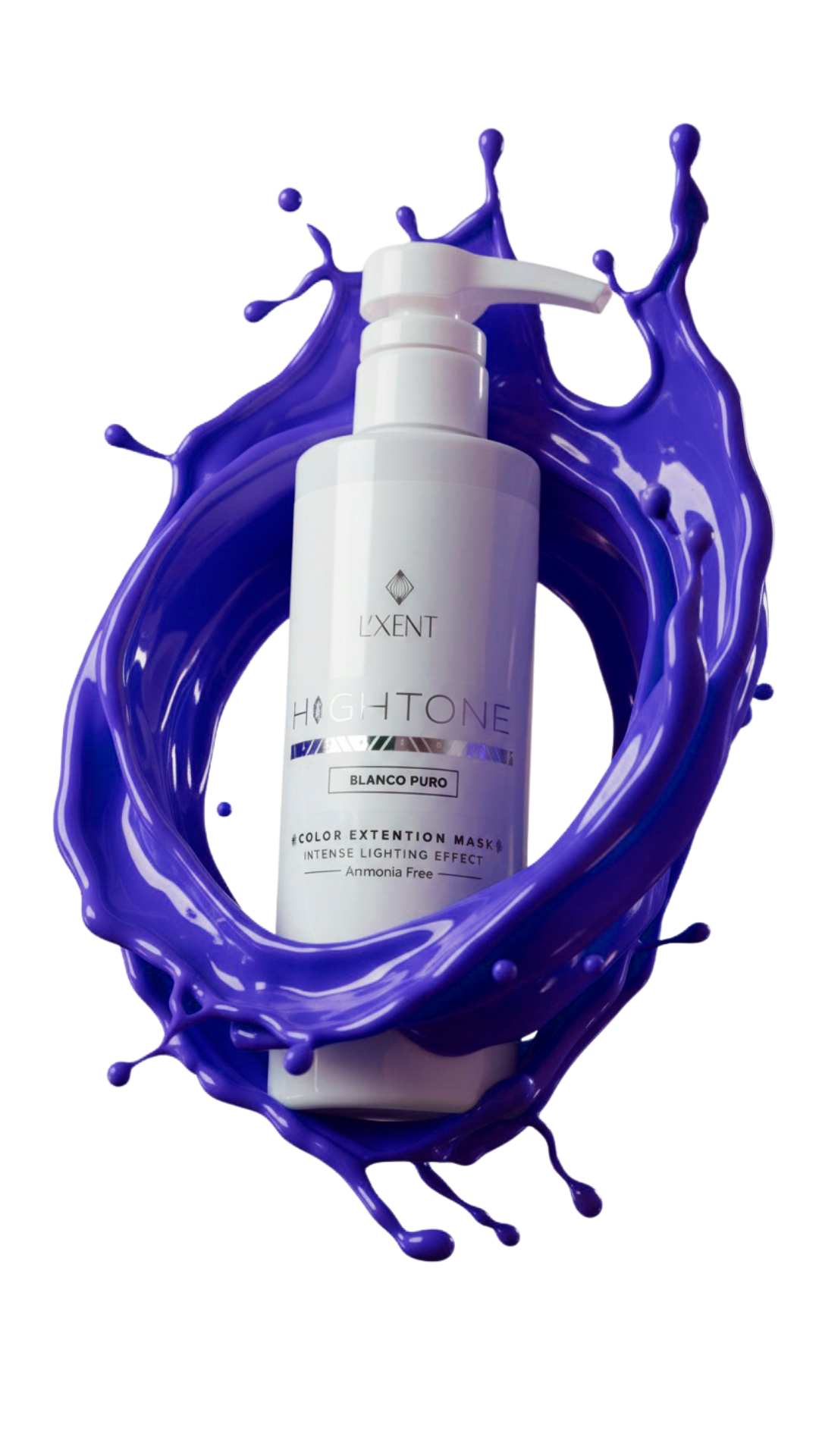 Botella blanca de mascarilla capilar Hightone Blanco Puro con salpicadura morada - Luxent Professional