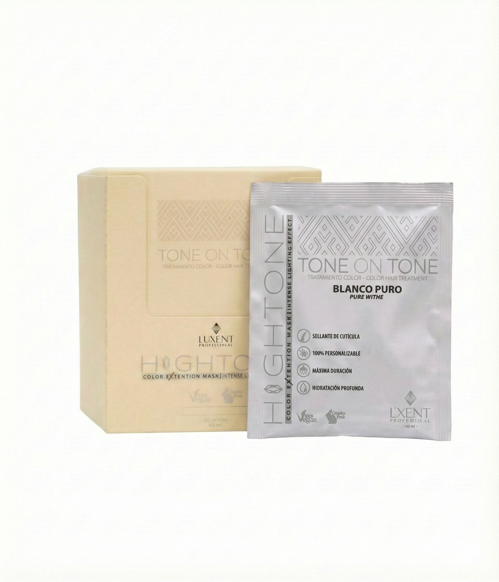 Mascarilla capilar 'Tone on Tone Blanco Puro' en caja y sachet. Tratamiento color sellante cu - Luxent Professional