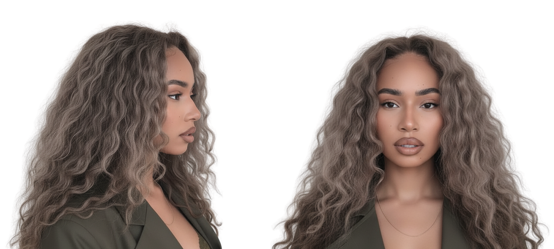 Modelo con cabello largo ondulado castaño ceniza, mostrando el color y textura. - Luxent Professional
