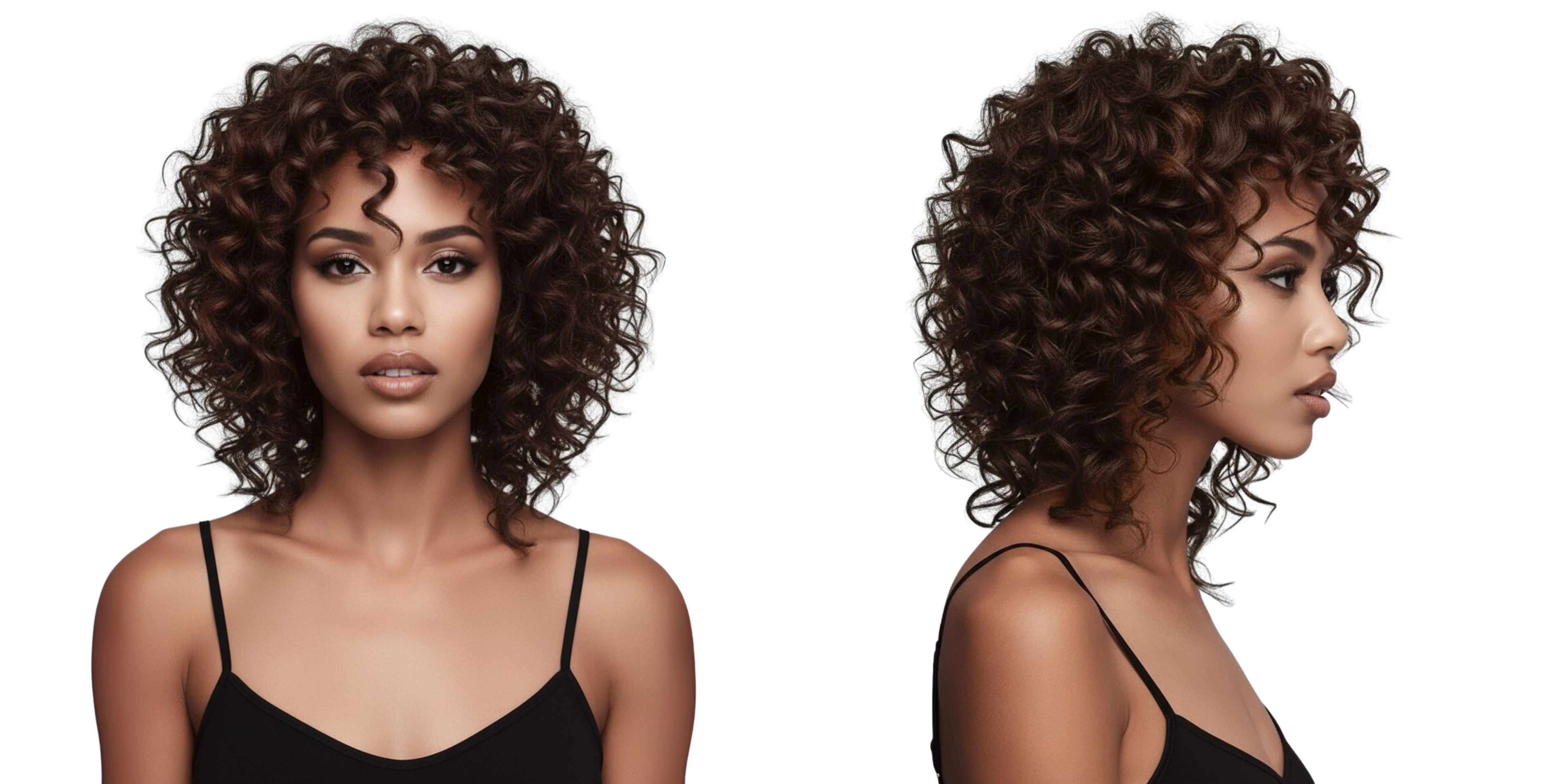 Modelo con cabello rizado castaño oscuro, mostrando volumen y definición. - Luxent Professional