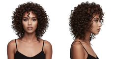Modelo con cabello rizado castaño oscuro, mostrando volumen y definición. - Luxent Professional