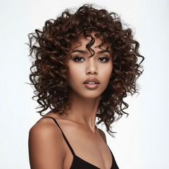 Mujer con cabello rizado castaño oscuro, mostrando volumen y definición. - Luxent Professional