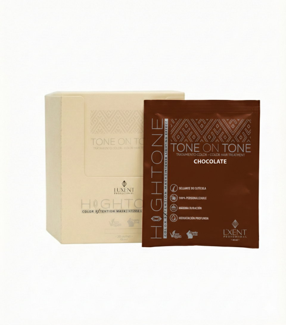 Caja de mascarillas capilares Tone on Tone y sachet individual de tratamiento color chocolate - Luxent Professional