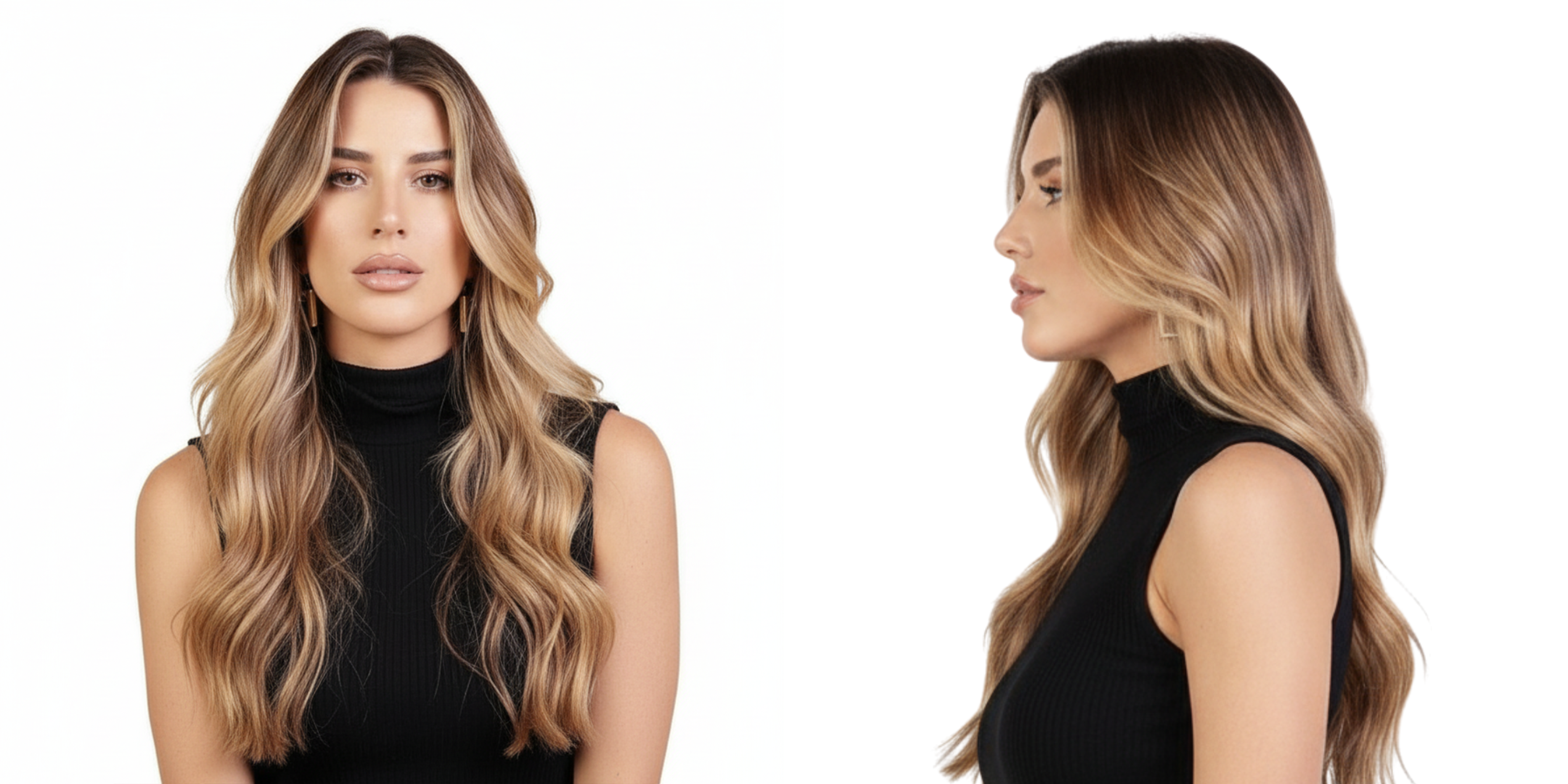 Modelo con cabello rubio balayage ondulado, mostrando el color y la textura. - Luxent Professional