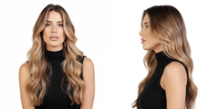 Modelo con cabello rubio balayage ondulado, mostrando el color y la textura. - Luxent Professional