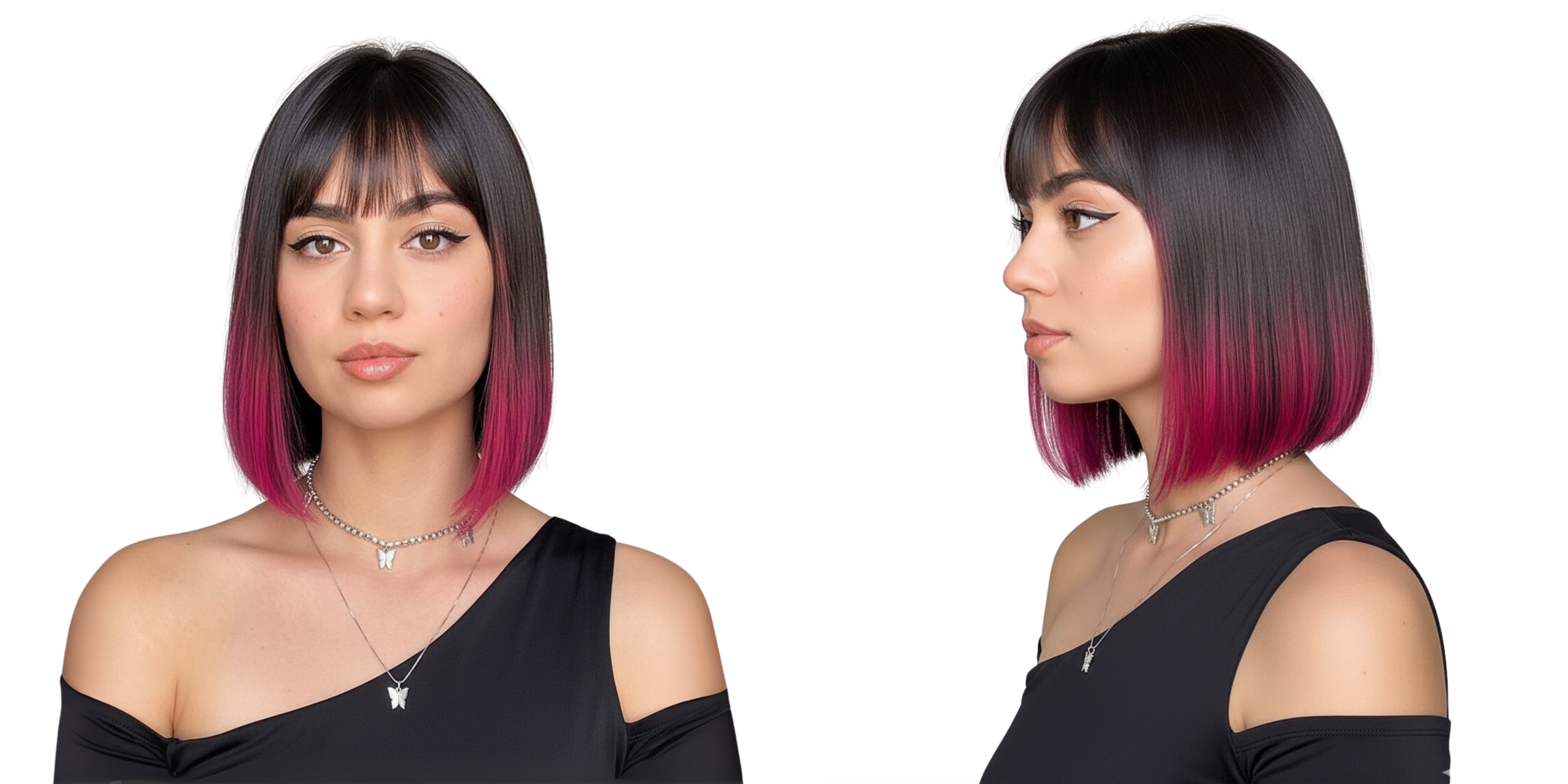 Modelo con cabello bob oscuro y puntas fucsia vibrante, mostrando el color desde diferentes á - Luxent Professional