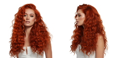 Modelo con cabello pelirrojo rizado y brillante, mostrando volumen y salud. - Luxent Professional