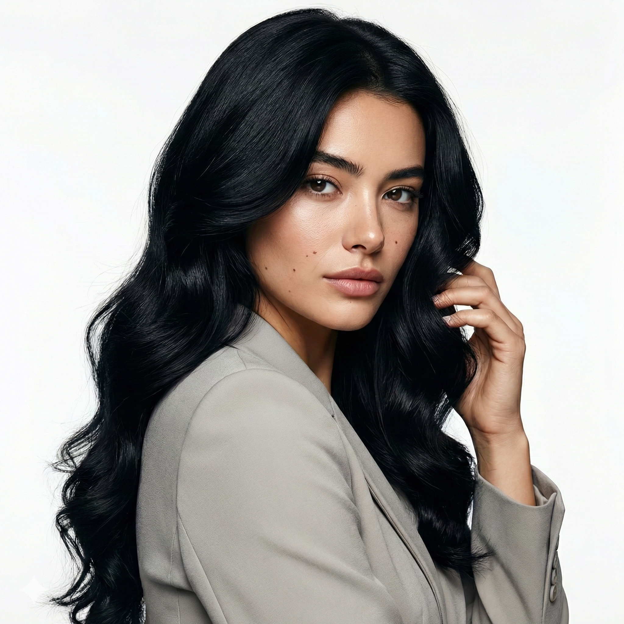 Mujer con cabello negro intenso y brillante, ondas suaves. Ideal para tintes y tratamientos c - Luxent Professional