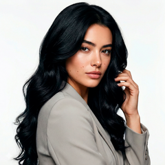 Mujer con cabello negro intenso y brillante, ondas suaves. Ideal para tintes y tratamientos c - Luxent Professional
