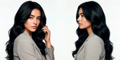 Modelo con cabello negro brillante y saludable, mostrando volumen y ondas. - Luxent Professional