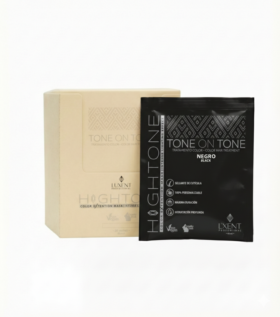 Caja y sachet individual de tratamiento capilar Tone on Tone Negro de - Luxent Professional