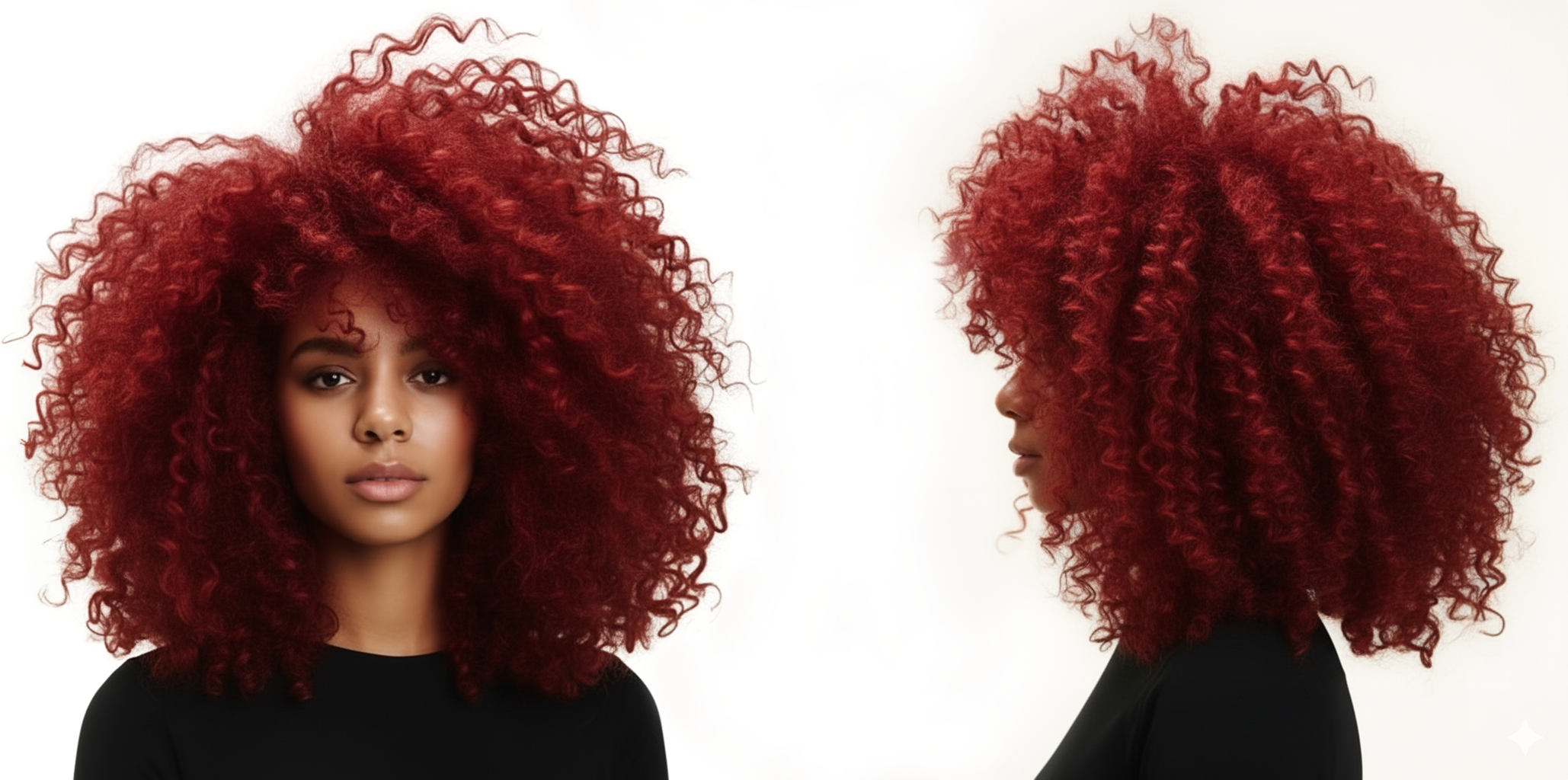 Modelo con cabello rizado rojo intenso, vista frontal y de perfil. Tinte profesional - Luxent Professional