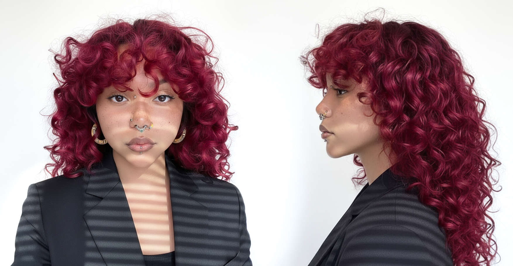 Modelo con cabello rizado rojo intenso, mostrando el color vibrante y la textura. - Luxent Professional
